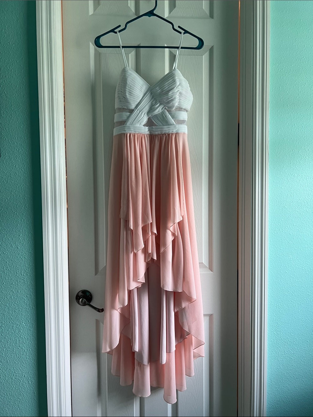 VENUS White Ruched Bodice with Blush Pink High-Low Chiffon Skirt